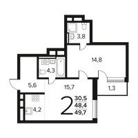 Планировка двухкомнатной(квартира) площадью 49.7 квадратных метров в “Новые Ватутинки. Заречный”