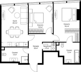 Планировка двухкомнатной(квартира) площадью 76.5 квадратных метров в ЖК “ЖК ОНЕ”