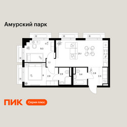 Планировка двухкомнатной(квартира) площадью 53.8 квадратных метров в ЖК “ЖК Амурский парк”