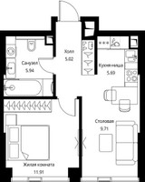 Планировка однокомнатной(квартира) площадью 38.27 квадратных метров в “ЖК Сити Бэй”