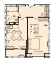 Планировка однокомнатной(квартира) площадью 42.4 квадратных метров в “ЖК River Park”