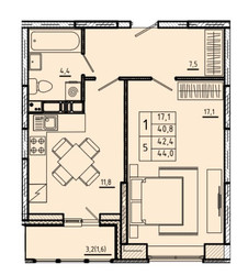 Планировка однокомнатной(квартира) площадью 42.4 квадратных метров в ЖК “ЖК River Park”