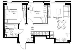 Планировка двухкомнатной(квартира) площадью 55.5 квадратных метров в “ЖК Cityzen (Ситизен)”