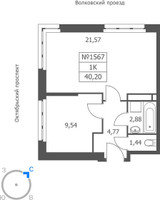 Планировка однокомнатной(апартаменты) площадью 40.2 квадратных метров в “ЖК Волковская 67”