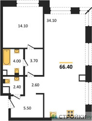 Планировка однокомнатной(квартира) площадью 66.4 квадратных метров в ЖК “ЖК Luzhniki Collection (Коллекция Лужники)”