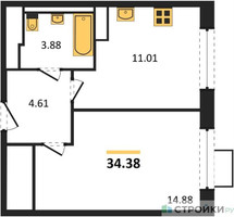 Планировка однокомнатной(квартира) площадью 34.38 квадратных метров в “ЖК Пятницкие луга”