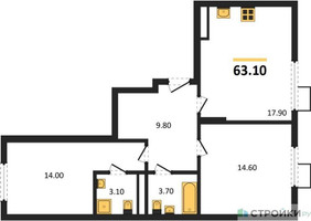Планировка двухкомнатной(квартира) площадью 61.6 квадратных метров в “ЖК Ново-Молоково”