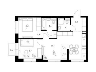 Планировка двухкомнатной(квартира) площадью 54.6 квадратных метров в ЖК “Бунинская набережная”