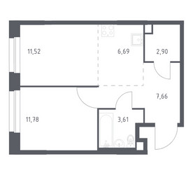 Планировка однокомнатной(квартира) площадью 44.16 квадратных метров в ЖК “ЖК ЭкоБунино (Южное Бунино)”