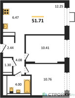 Планировка двухкомнатной(квартира) площадью 51.71 квадратных метров в “ЖК Прибрежный Парк”