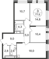 Планировка трехкомнатной(квартира) площадью 77.6 квадратных метров в “ЖК Первый Московский”