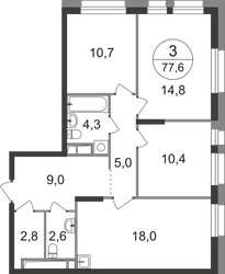 Планировка трехкомнатной(квартира) площадью 77.6 квадратных метров в ЖК “ЖК Первый Московский”