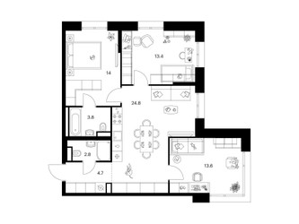 Планировка трехкомнатной(квартира) площадью 77.1 квадратных метров в ЖК “ЖК Строгино 360”