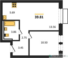 Планировка однокомнатной(квартира) площадью 39.81 квадратных метров в “ЖК Пригород Лесное”