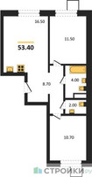 Планировка двухкомнатной(квартира) площадью 53.4 квадратных метров в “ЖК Лесная Отрада”