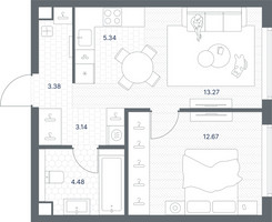 Планировка однокомнатной(квартира) площадью 42.28 квадратных метров в “ЖК TATE (Тэйт)”