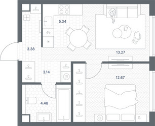 Планировка однокомнатной(квартира) площадью 42.28 квадратных метров в ЖК “ЖК TATE (Тэйт)”