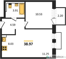 Планировка однокомнатной(квартира) площадью 38.97 квадратных метров в “ЖК Рублевский Квартал”