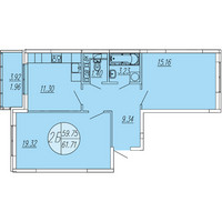 Планировка двухкомнатной(квартира) площадью 61.71 квадратных метров в “ЖК Шолохово”