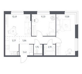 Планировка двухкомнатной(квартира) площадью 60.29 квадратных метров в ЖК “ЖК Новое Видное”