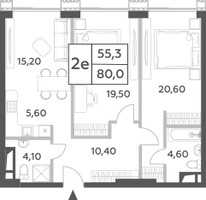 Планировка двухкомнатной(квартира) площадью 80 квадратных метров в “ЖК Will Towers (Вилл Тауэрс)”