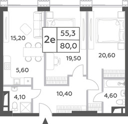 Планировка двухкомнатной(квартира) площадью 80 квадратных метров в ЖК “ЖК Will Towers (Вилл Тауэрс)”