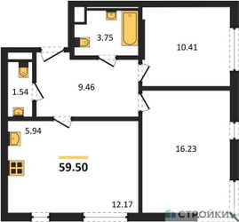 Планировка двухкомнатной(квартира) площадью 59.5 квадратных метров в ЖК “ЖК Одинград. Квартал Семейный”