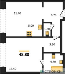 Планировка однокомнатной(квартира) площадью 48.8 квадратных метров в ЖК “ЖК Skolkovo ONE (Сколково Уан)”