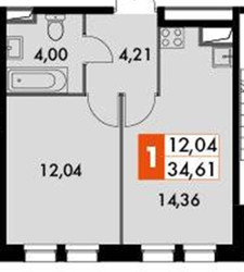 Планировка однокомнатной(апартаменты) площадью 34.61 квадратных метров в ЖК “Движение. Говорово”