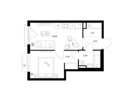 Планировка однокомнатной(квартира) площадью 33.87 квадратных метров в “ЖК Ильинские луга”