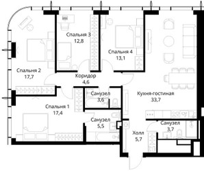 Планировка 4+ комнатной(квартира) площадью 117.8 квадратных метров в ЖК “ЖК Сити Бэй”