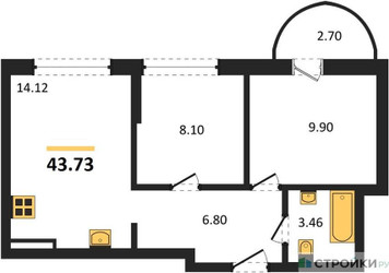 Планировка двухкомнатной(квартира) площадью 43.73 квадратных метров в ЖК “ЖК ВОСТОК II”