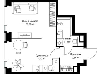 Планировка однокомнатной(квартира) площадью 34.53 квадратных метров в ЖК “Мультиквартал СИТИДЗЕН”