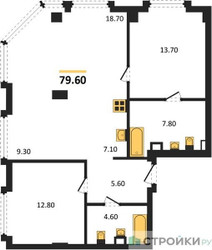 Планировка двухкомнатной(квартира) площадью 79.6 квадратных метров в ЖК “ЖК АУРА”