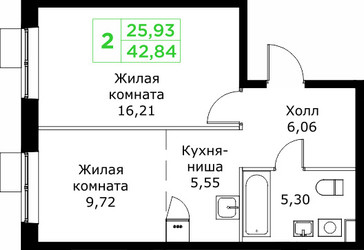 Планировка двухкомнатной(квартира) площадью 42.84 квадратных метров в ЖК “ЖК КИТ 2”