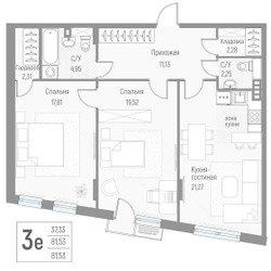 Планировка трехкомнатной(квартира) площадью 81.5 квадратных метров в ЖК “ЖК Эльйон”