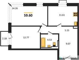 Планировка двухкомнатной(квартира) площадью 59.6 квадратных метров в “ЖК Квартал Герцена”