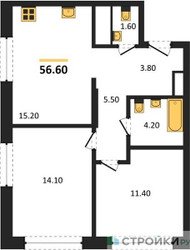 Планировка двухкомнатной(квартира) площадью 56.6 квадратных метров в ЖК “ЖК Мангазея на Речном”