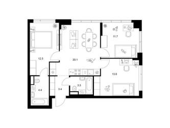 Планировка трехкомнатной(квартира) площадью 69.4 квадратных метров в ЖК “Бунинская набережная”