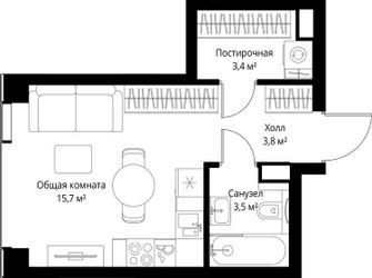 Планировка однокомнатной(квартира) площадью 40.5 квадратных метров в ЖК “ЖК Веер”