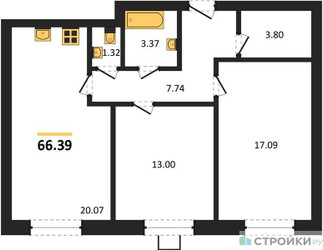 Планировка двухкомнатной(квартира) площадью 66.39 квадратных метров в ЖК “ЖК Мечта”