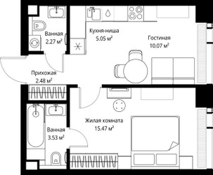Планировка однокомнатной(квартира) площадью 38.87 квадратных метров в ЖК “ЖК Веер”