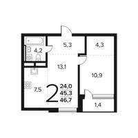 Планировка двухкомнатной(квартира) площадью 46.7 квадратных метров в “Новые Ватутинки. Заречный”