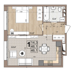 Планировка однокомнатной(квартира) площадью 46.1 квадратных метров в ЖК “ЖК Гранд Комфорт”