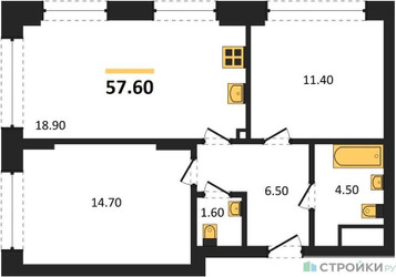 Планировка двухкомнатной(квартира) площадью 57.6 квадратных метров в ЖК “ЖК Wave (Вейв)”