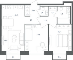 Планировка трехкомнатной(квартира) площадью 58.3 квадратных метров в “ЖК Равновесие”