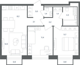 Планировка трехкомнатной(квартира) площадью 58.3 квадратных метров в ЖК “ЖК Равновесие”