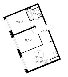 Планировка двухкомнатной(квартира) площадью 53.1 квадратных метров в ЖК “ЖК Переделкино Ближнее”