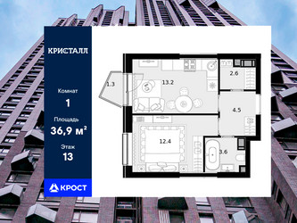 Планировка студии(квартира) площадью 36.9 квадратных метров в ЖК “ЖК Трилогия Кристалл”
