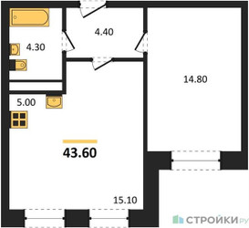Планировка однокомнатной(квартира) площадью 43.6 квадратных метров в ЖК “ЖК Пушкино Град”